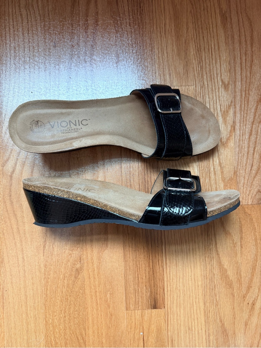 Vionic Black Slide Wedge Sandals with Buckle Detail